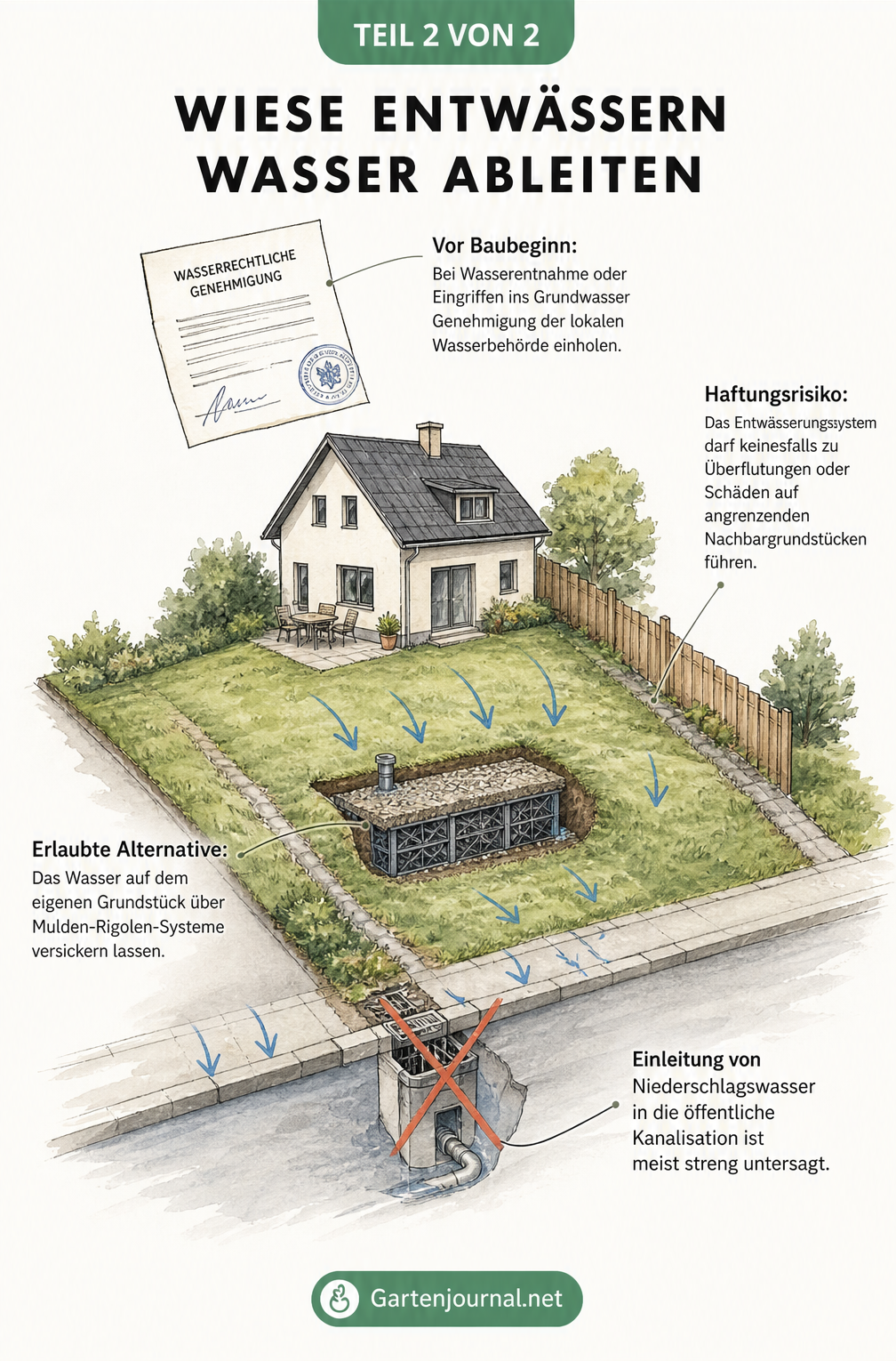 Isometrische Skizze eines Grundstücks, die den Wasserfluss und rechtliche Aspekte der Wiesentwässerung wie Versickerung und Haftungsrisiken zeigt.