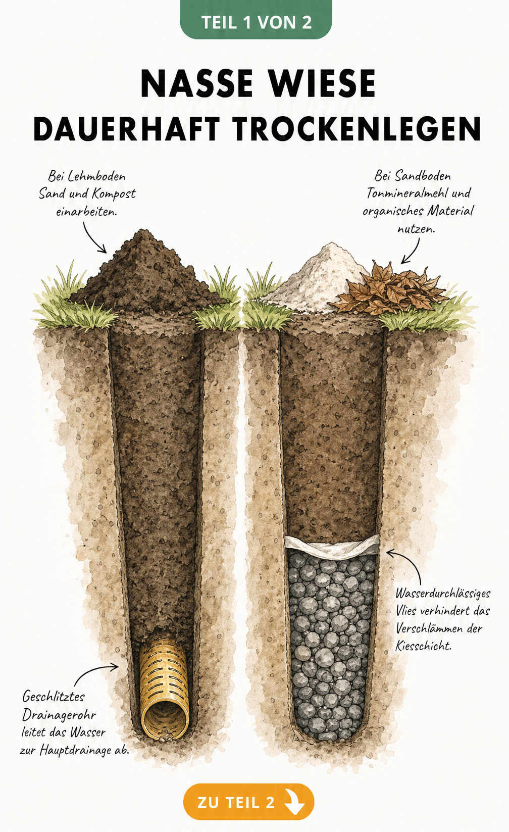 Querschnitt einer nassen Wiese mit zwei Graben-Modellen zur Drainage: Rohrdrainage mit geschlitztem Rohr und Kiesdrainage mit Vlies.