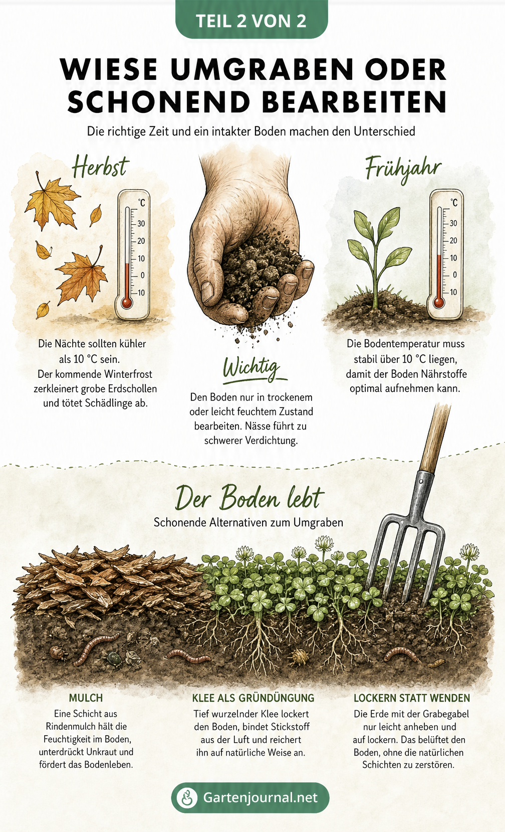 Gegenüberstellung von Herbst und Frühjahr als ideale Zeitpunkte zum Umgraben sowie Alternativen wie Mulchen und Gründüngung.