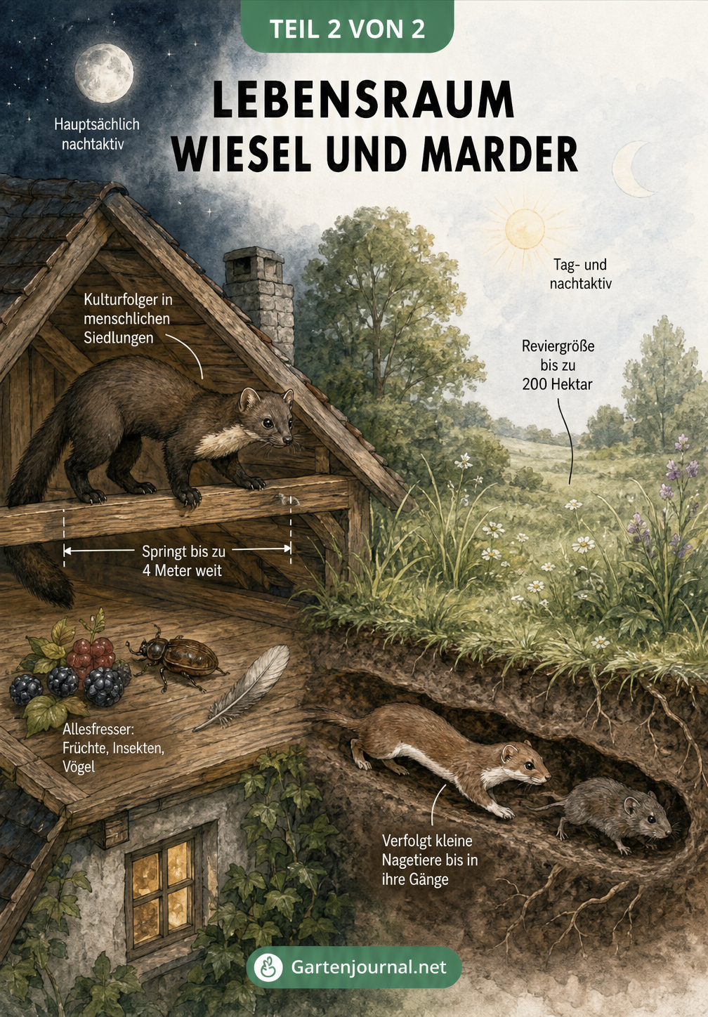 Querschnitt-Illustration der Lebensräume von Marder auf einem Dachboden und Wiesel in einem unterirdischen Gang