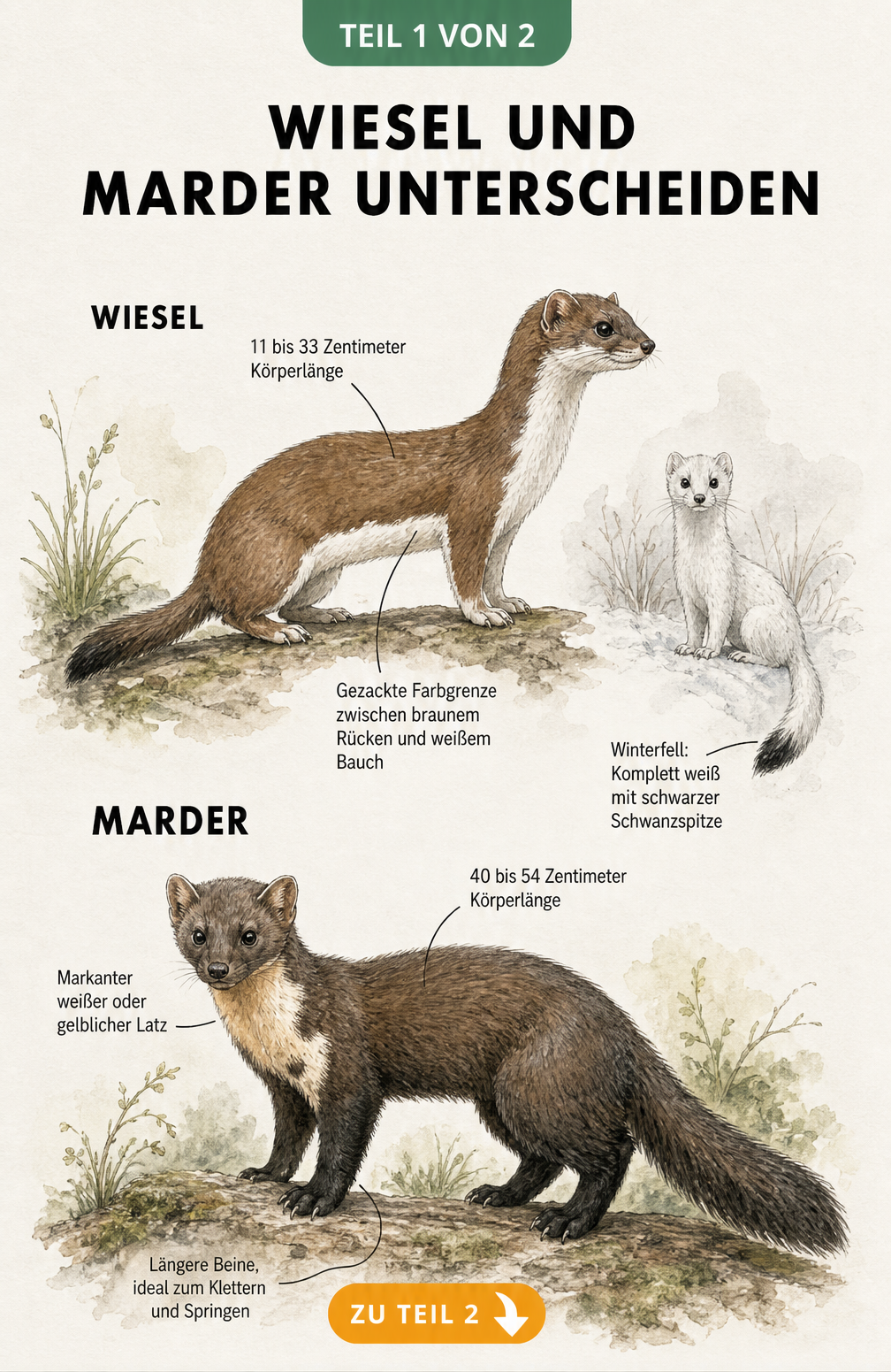 Illustration von Wiesel und Marder im Profil mit Hinweisen zu Körperlänge, Fellfarbe und Beinlänge
