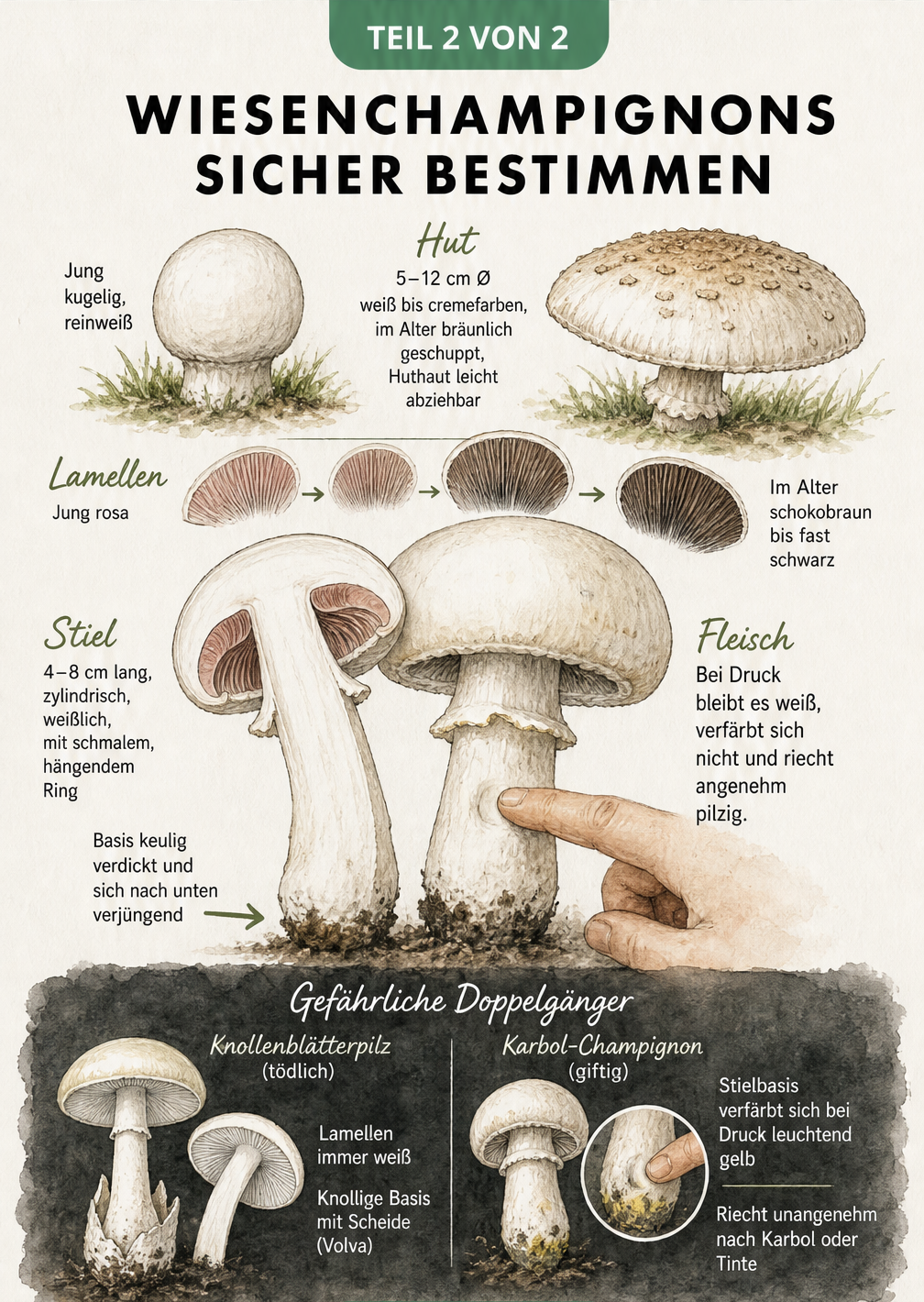 Botanische Lehrtafel zur Bestimmung von Wiesenchampignons, die Hut, Lamellen, Stiel und Fleisch sowie die giftigen Doppelgänger Knollenblätterpilz und...