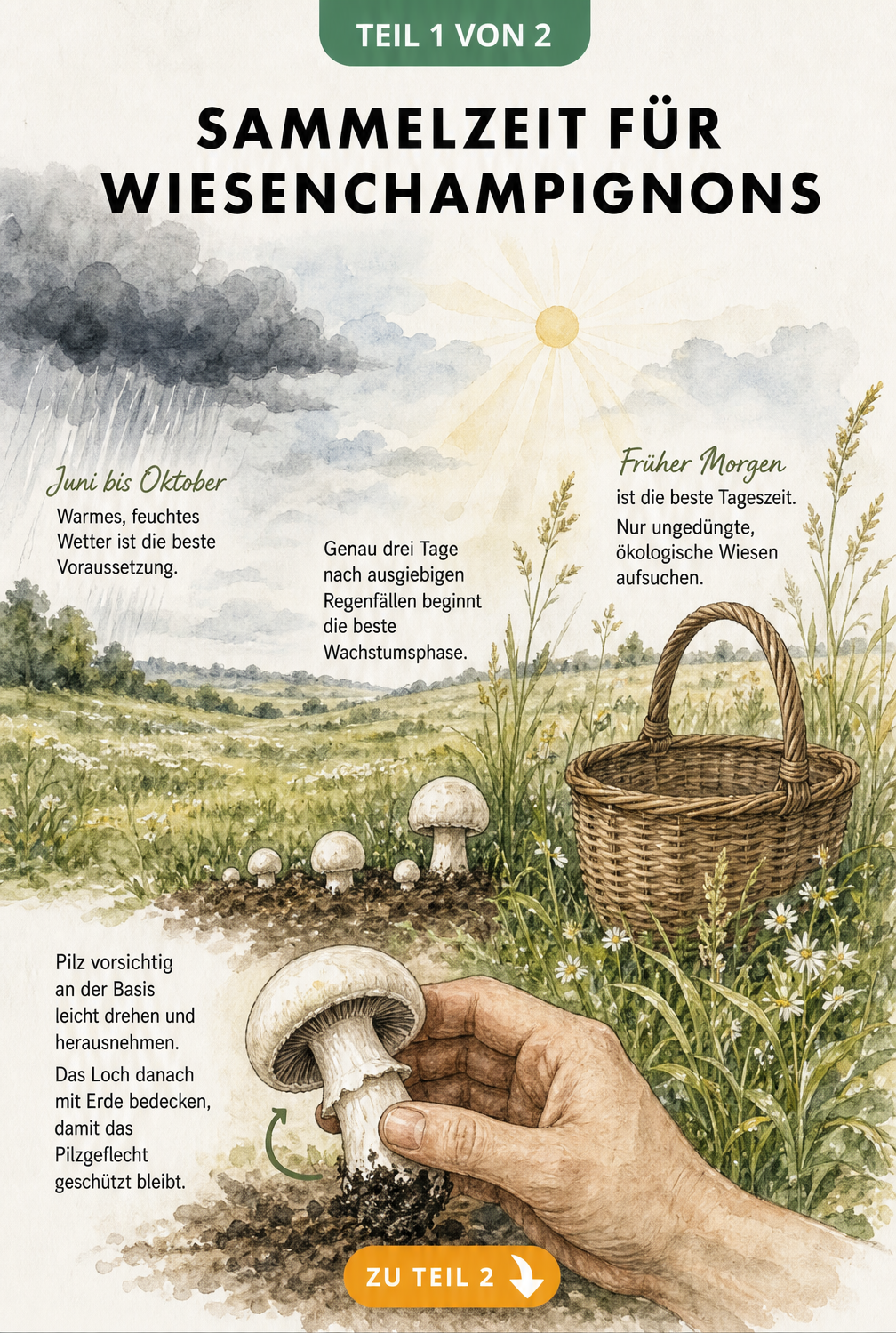 Illustration einer Wiesenlandschaft, die den zeitlichen Ablauf der perfekten Pilzsuche von Juni bis Oktober zeigt, mit Regenwolken, Sonnenschein und einem Korb...