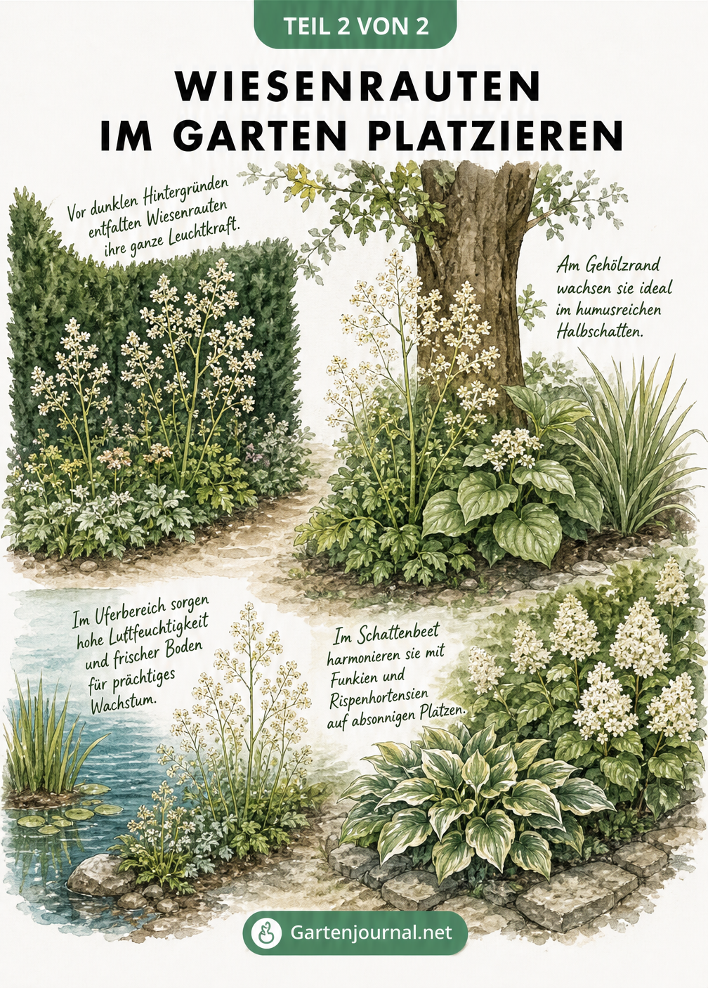 Isometrische Gartenszene mit vier Pflanzzonen für Wiesenrauten: Eibenhecke, Gehölzrand, Gartenteich und Schattenbeet