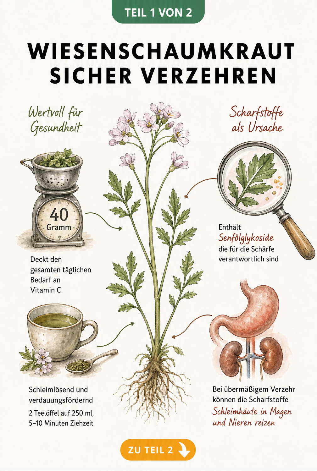 Botanische Illustration des Wiesenschaumkrauts mit Dosierung für Tee und Warnhinweis zu Senfölglykosiden