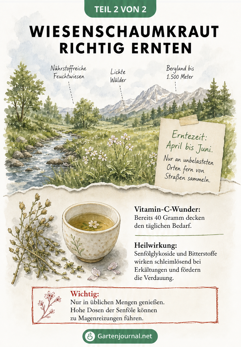 Illustration einer Landschaft mit Standorten von Wiesenschaumkraut und Hinweisen zur Ernte und Heilwirkung