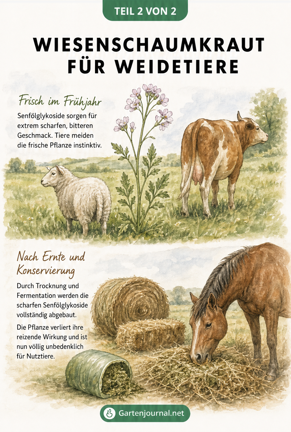 Illustration einer Weide mit Schafen und Kühen, die frisches Wiesenschaumkraut meiden, sowie Pferden, die getrocknetes Heu fressen