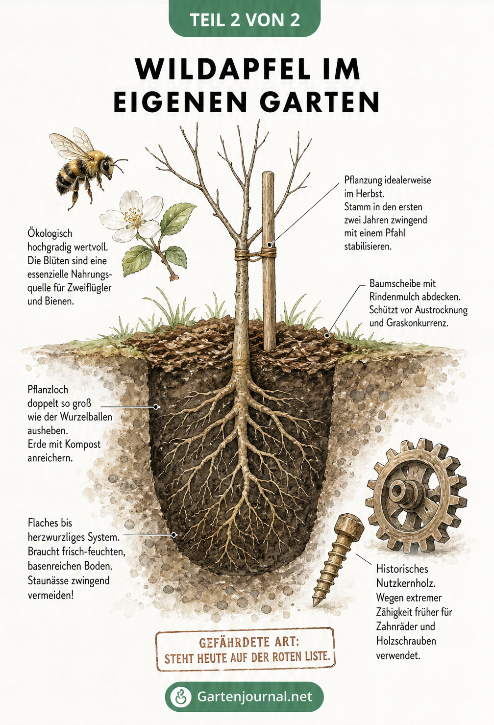 Schnittzeichnung eines gepflanzten Wildapfelbaums mit Wurzeln, Erdschichten und ökologischen Details