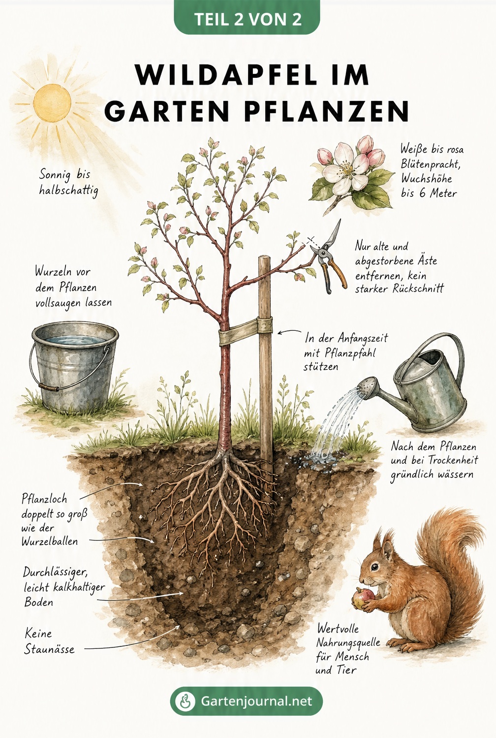 Querschnitt-Illustration eines frisch gepflanzten Wildapfelbaums mit Wurzelballen, Pflanzpfahl und Gießkanne