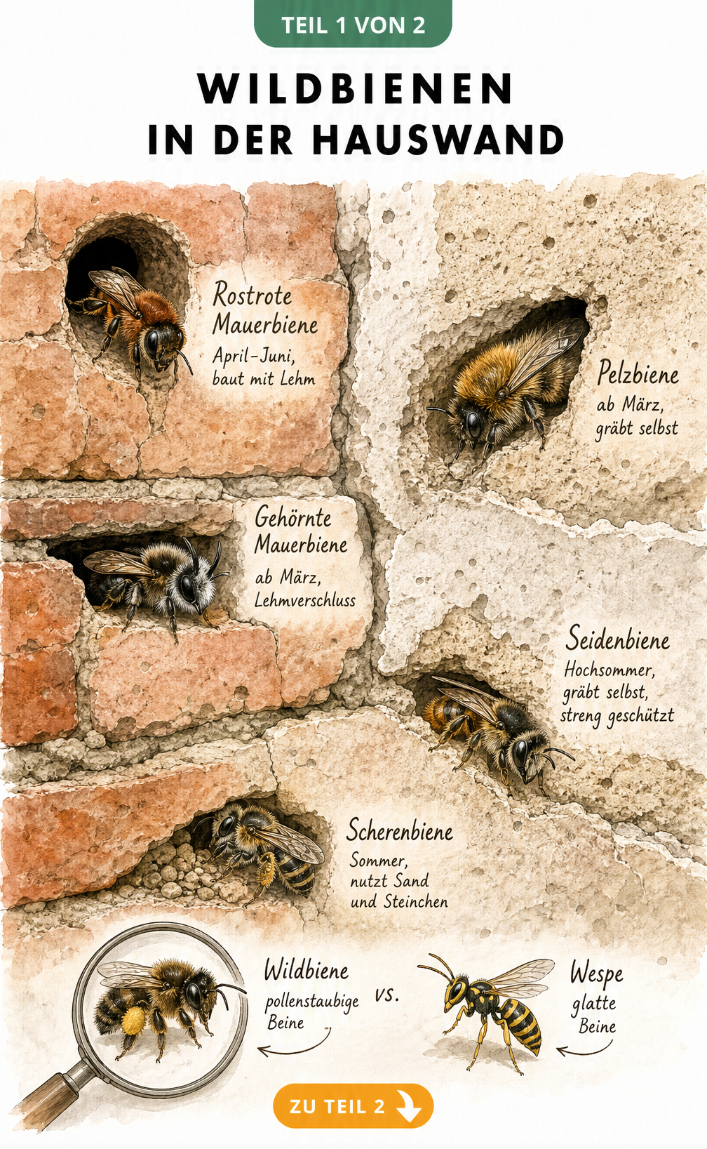 Illustration einer alten Backsteinwand mit verschiedenen Wildbienenarten, ihren Flugzeiten und Baumaterialien