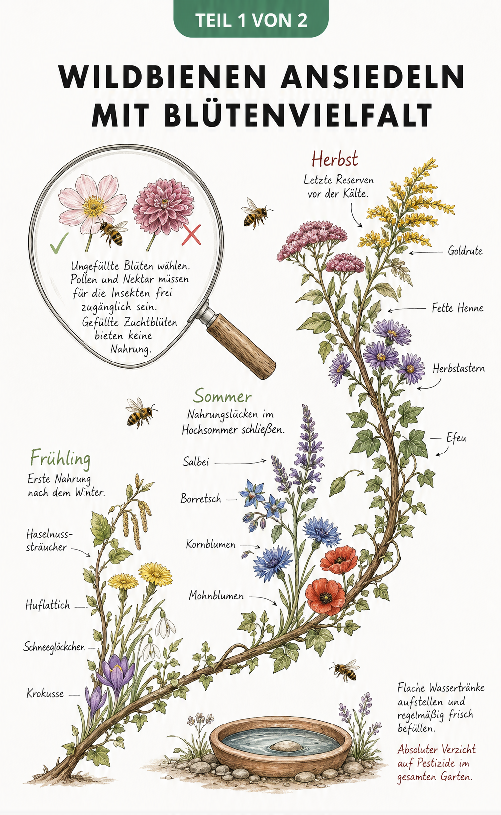 Botanische Illustration eines blühenden Zweigs im Jahresverlauf mit Lupe, die bienenfreundliche ungefüllte Blüten zeigt