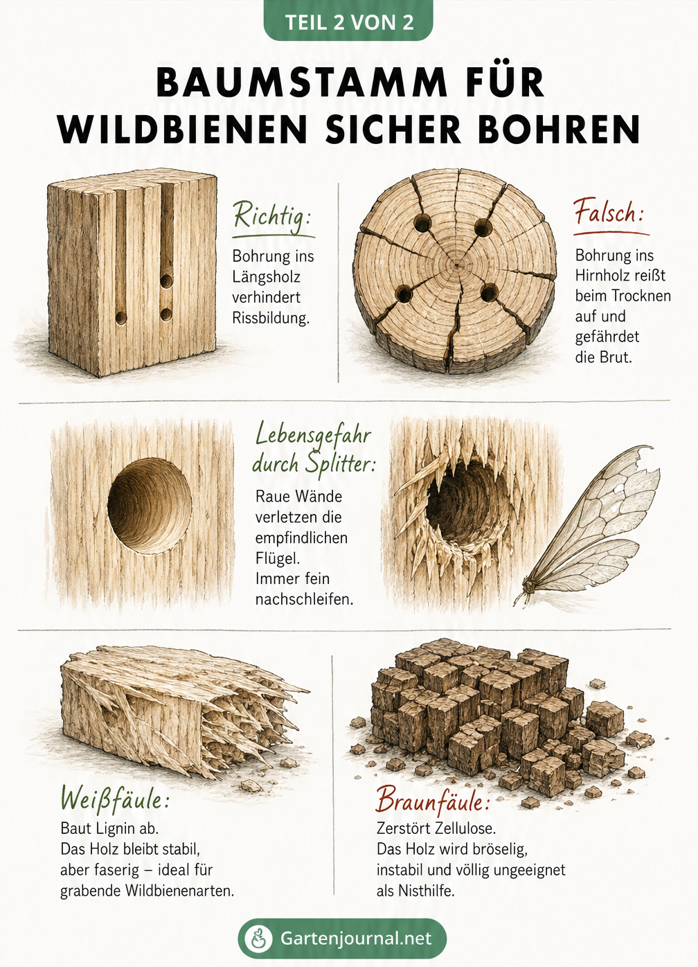Zeichnung zur richtigen Holzbearbeitung für Wildbienen-Nisthilfen: Bohrung ins Längsholz, glatte Wände und Unterschiede zwischen Weißfäule und Braunfäule