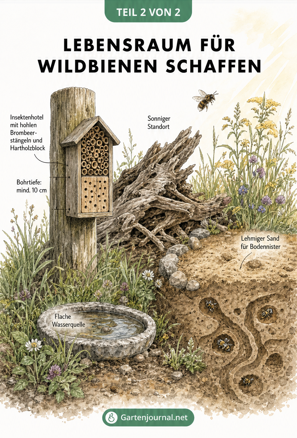 Querschnitt eines naturnahen Gartens mit Totholzhaufen, Sandarium für bodennistende Bienen, Insektenhotel am Holzpfahl und einer flachen Wasserschale.