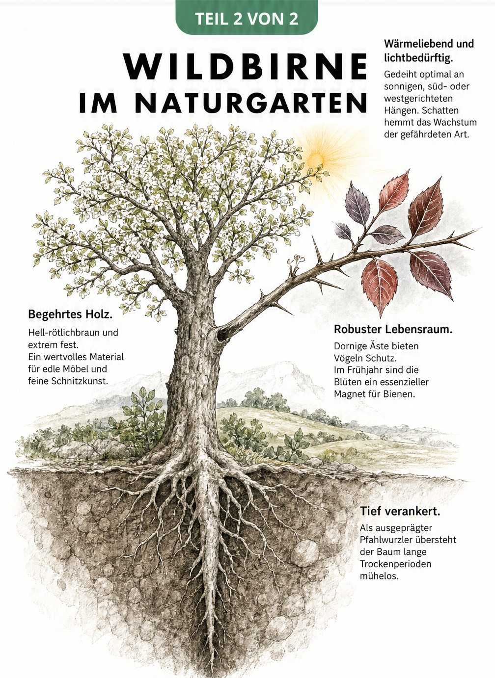 Schnittzeichnung eines Wildbirnenbaums von der Wurzel bis zur Krone mit Hinweisen zu Standort und Nutzen