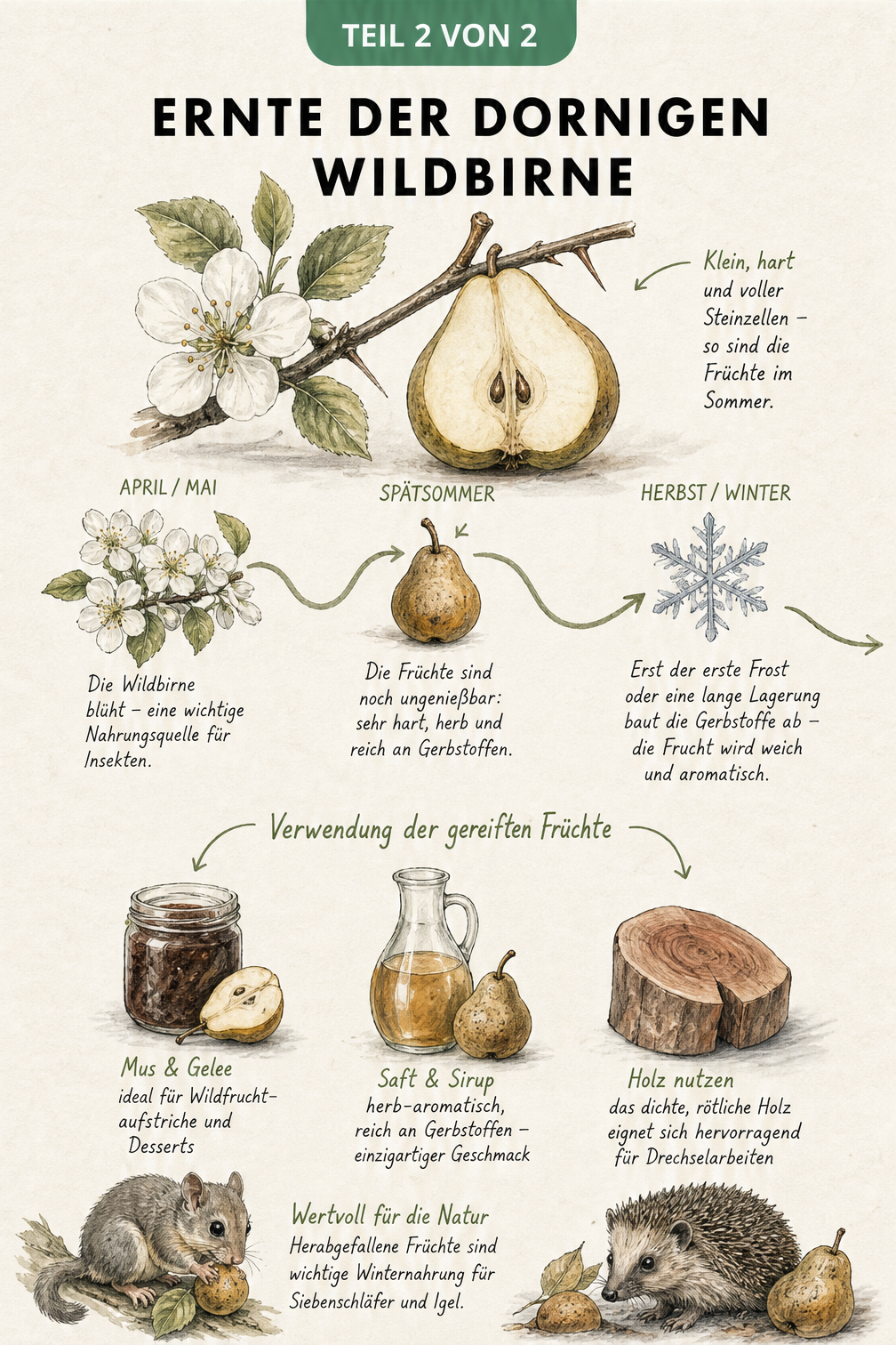 Illustration des Reifeprozesses der Wildbirne von der Blüte im Frühjahr bis zur weichen Frucht nach dem ersten Frost