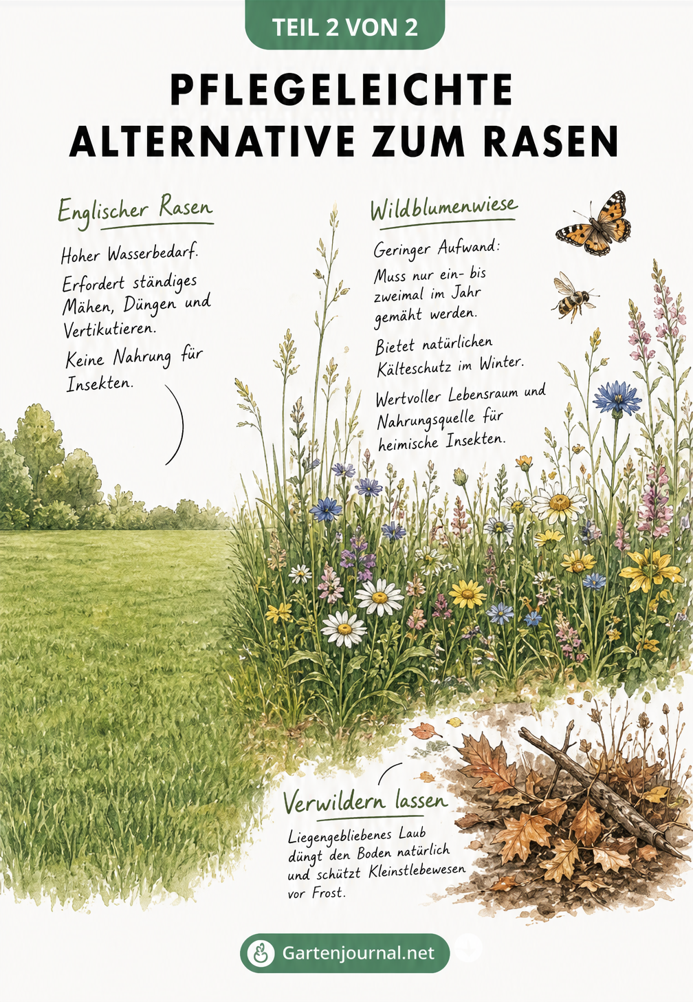 Vergleich zwischen englischem Rasen und einer Wildblumenwiese mit Insekten