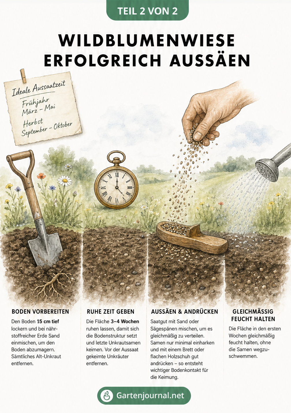 Schnittzeichnung des Erdbodens mit Arbeitsschritten zur Aussaat einer Wildblumenwiese