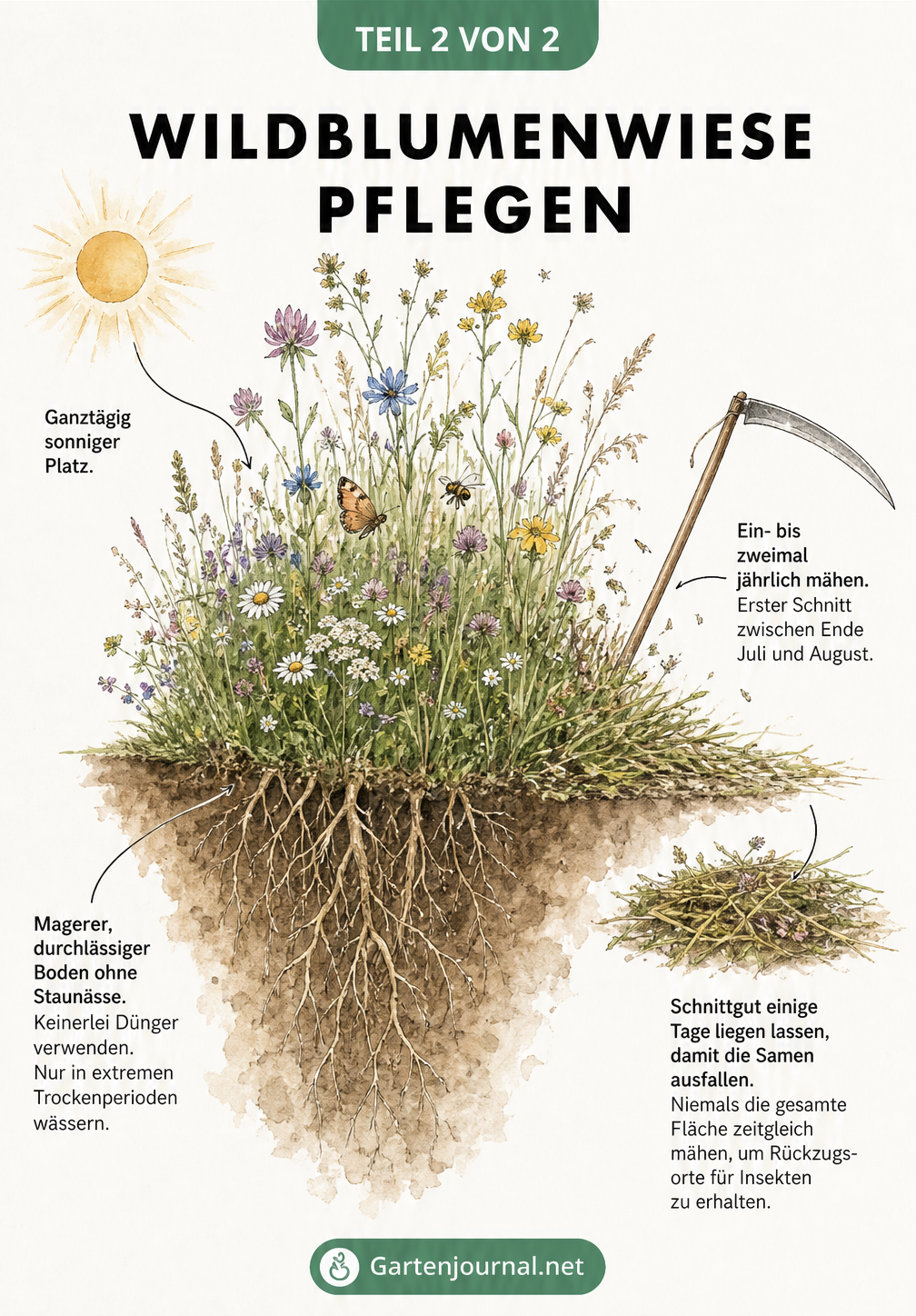 Querschnitt einer blühenden Wildblumenwiese mit Hinweisen zu Standort, Bodenbeschaffenheit und richtigem Mähen.