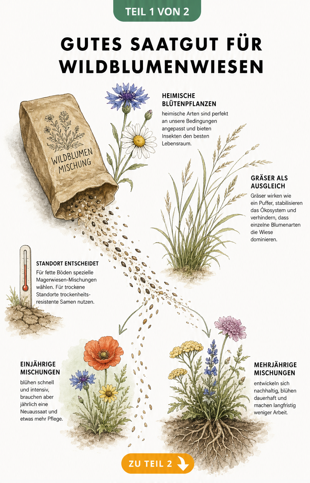 Illustration einer Samentüte mit heimischen Wildblumen und Gräsern für eine Wildblumenwiese
