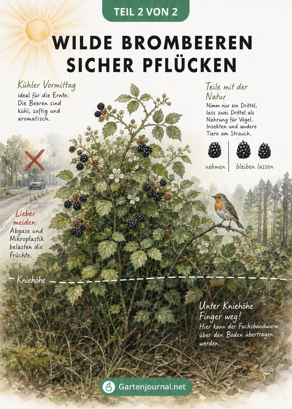 Schnittzeichnung eines wilden Brombeerstrauchs am Waldrand mit Hinweisen zu Standort, Erntezeit und Fuchsbandwurm