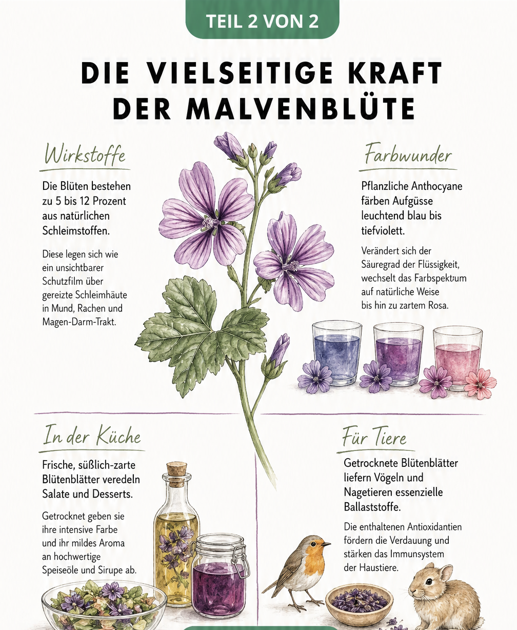 Botanische Illustration der Wilden Malve mit Erklärungen zu Inhaltsstoffen, Farbwechsel, kulinarischer Nutzung und Nutzen für Tiere
