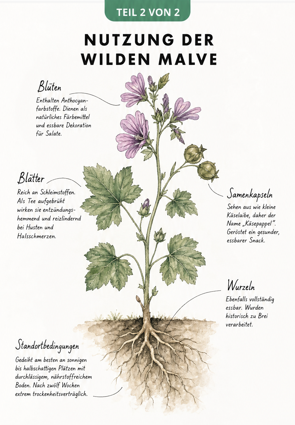 Botanische Illustration der Wilden Malve mit Erklärungen zur Nutzung von Blüten, Blättern, Samen und Wurzeln