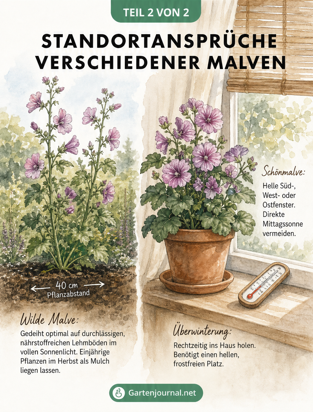 Aquarell-Illustration, die eine Wilde Malve im Gartenbeet und eine Schönmalve als Kübelpflanze am Fenster gegenüberstellt