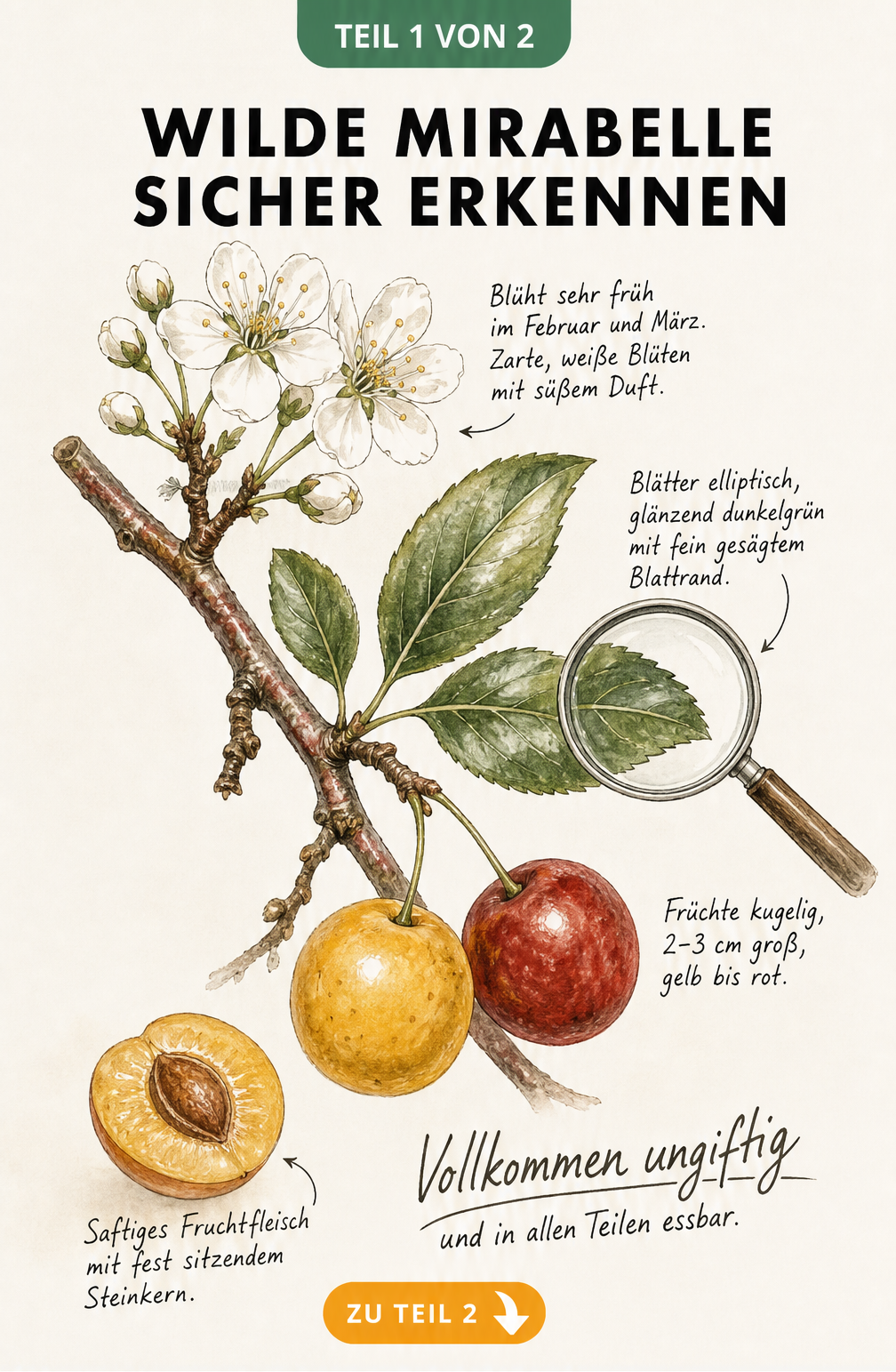 Botanische Illustration der Wilden Mirabelle mit Blüte, Blättern und Früchten in Gelb und Rot