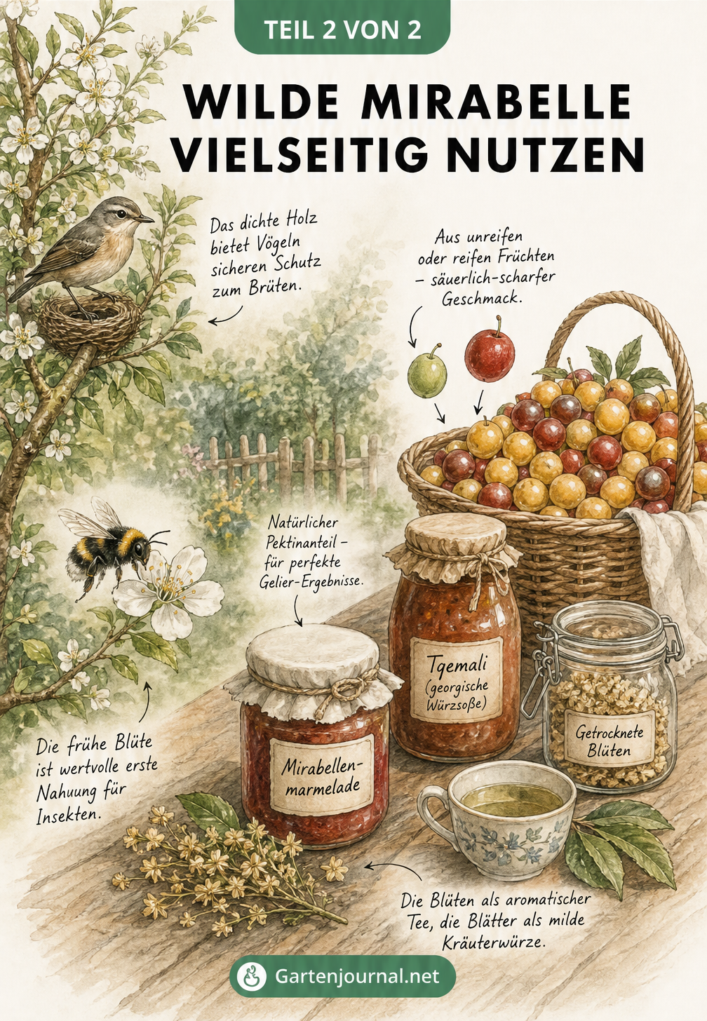 Illustration zur Nutzung der Wilden Mirabelle im Garten und in der Küche mit Marmelade und Tqemali-Soße