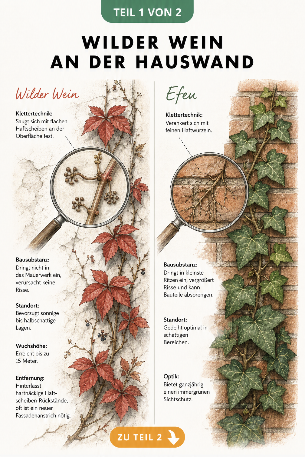 Botanische Illustration: Vergleich von Wilder Wein mit Haftscheiben an verputzter Mauer und Efeu mit Haftwurzeln an Klinkerwand.