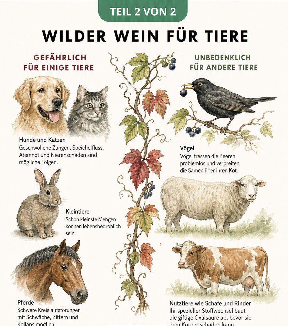 Illustration verschiedener Tiere wie Hund, Katze, Kaninchen und Pferd, die empfindlich auf Wilden Wein reagieren, im Vergleich zu unempfindlichen Tieren wie...