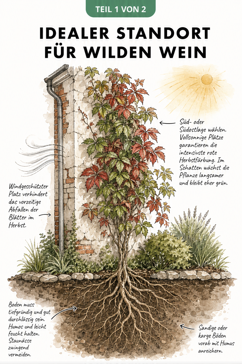 Querschnitt einer Hauswand mit rankendem Wilden Wein, der die idealen Standortbedingungen wie Sonne, Windschutz und Bodenbeschaffenheit zeigt.