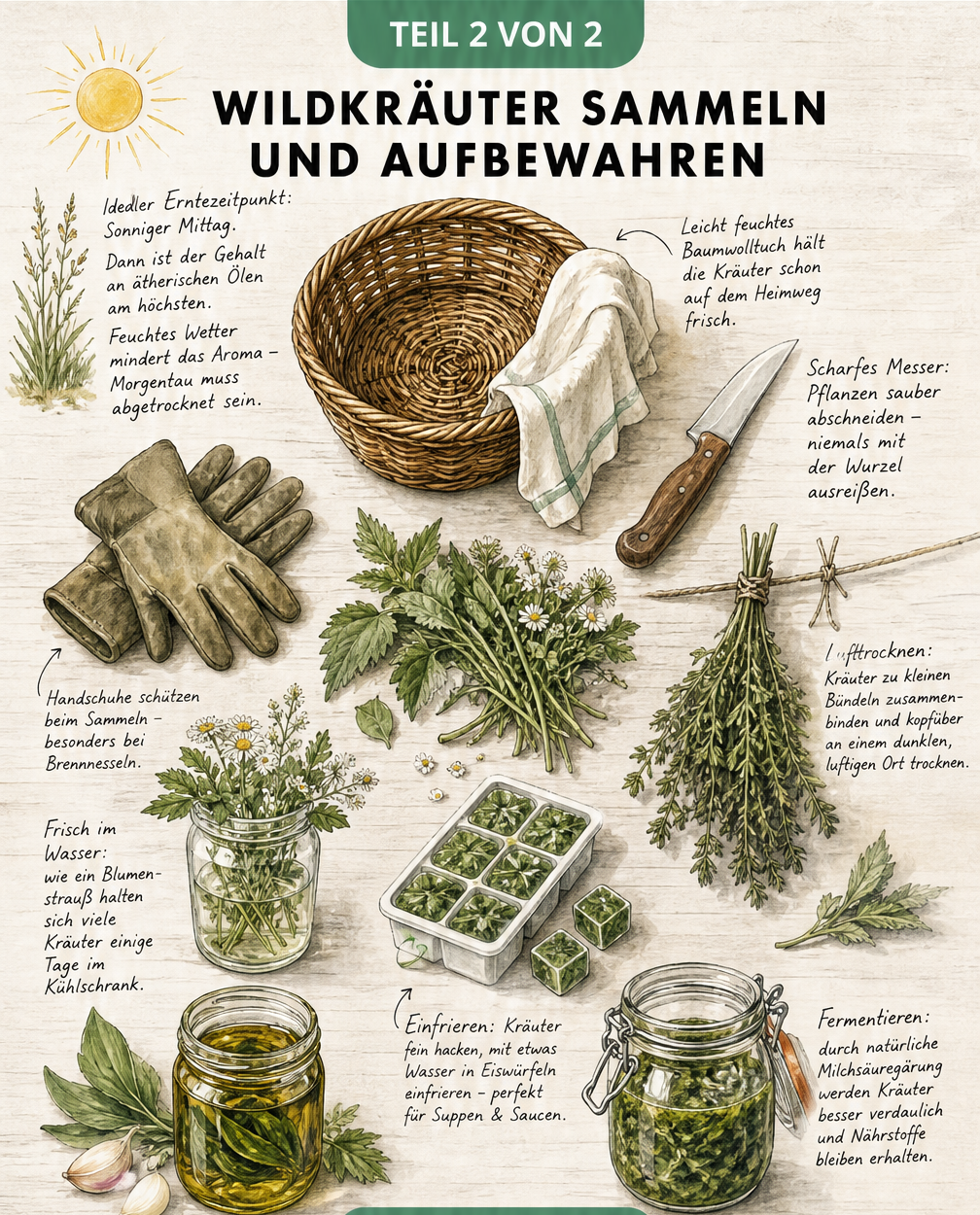 Illustration zur Ernte und Haltbarmachung von Wildkräutern mit Korb, Messer und Methoden wie Trocknen und Einfrieren