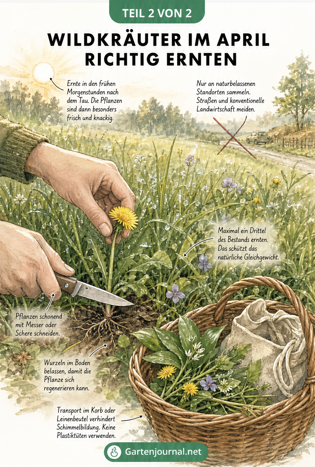 Illustration einer Frühlingswiese, auf der Hände schonend Löwenzahn mit einem Messer ernten und in einen Weidenkorb legen