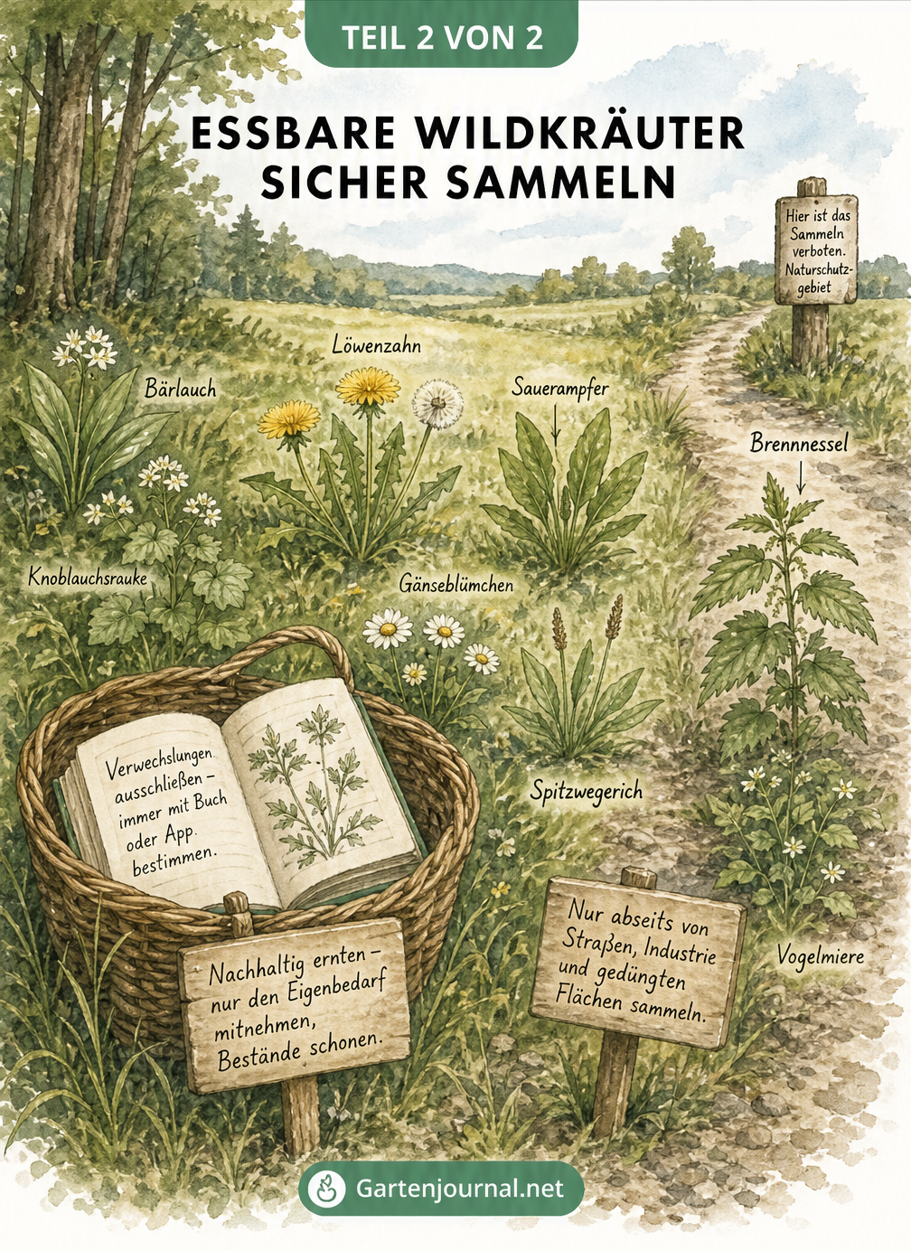 Illustrierte Landschaft vom Waldrand bis zur Wiese, die zeigt, wo essbare Wildkräuter wachsen und welche Sammelregeln gelten.