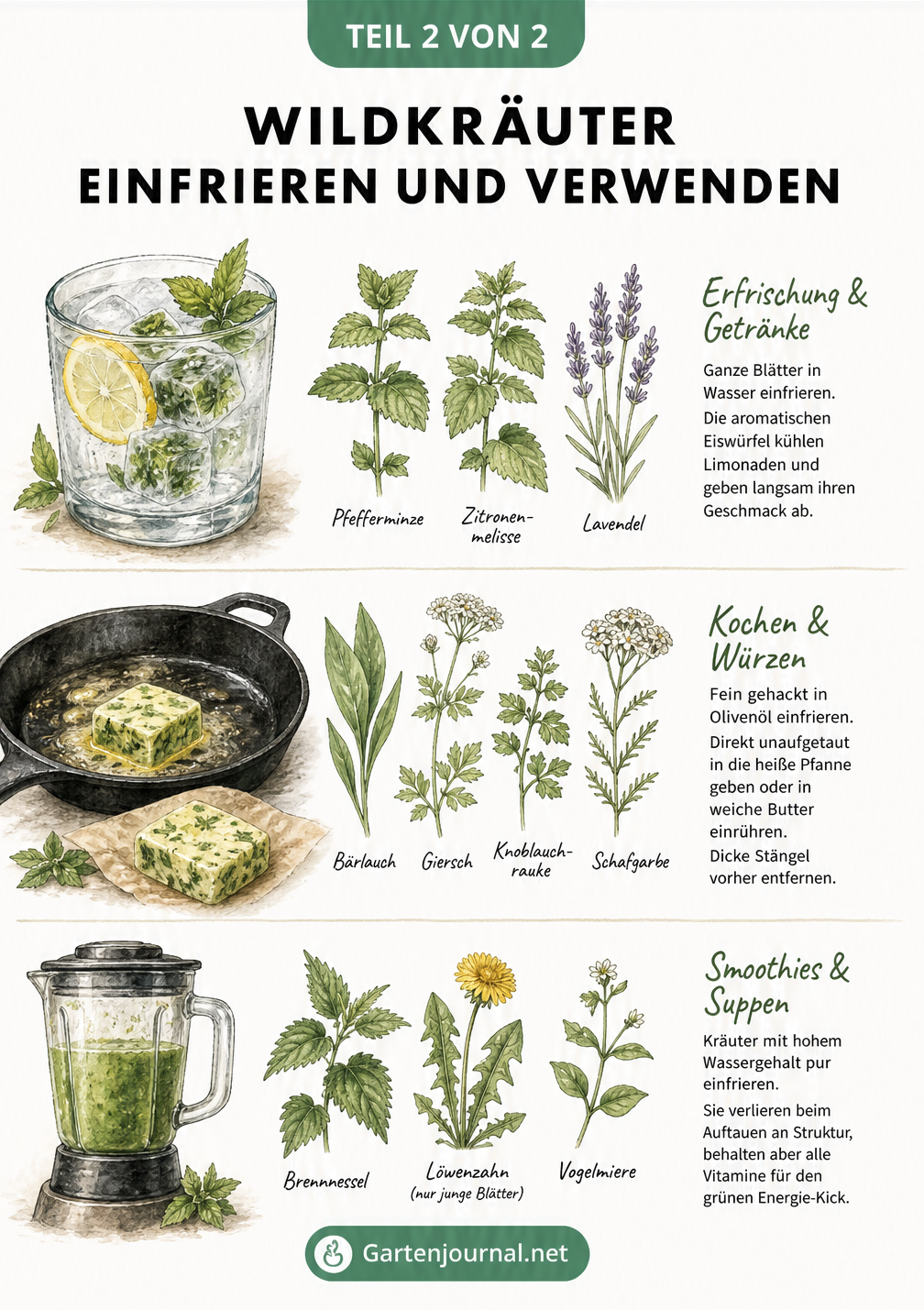 Botanische Zeichnungen von Wildkräutern und deren Verwendung in Getränken, Pfannengerichten und Smoothies.