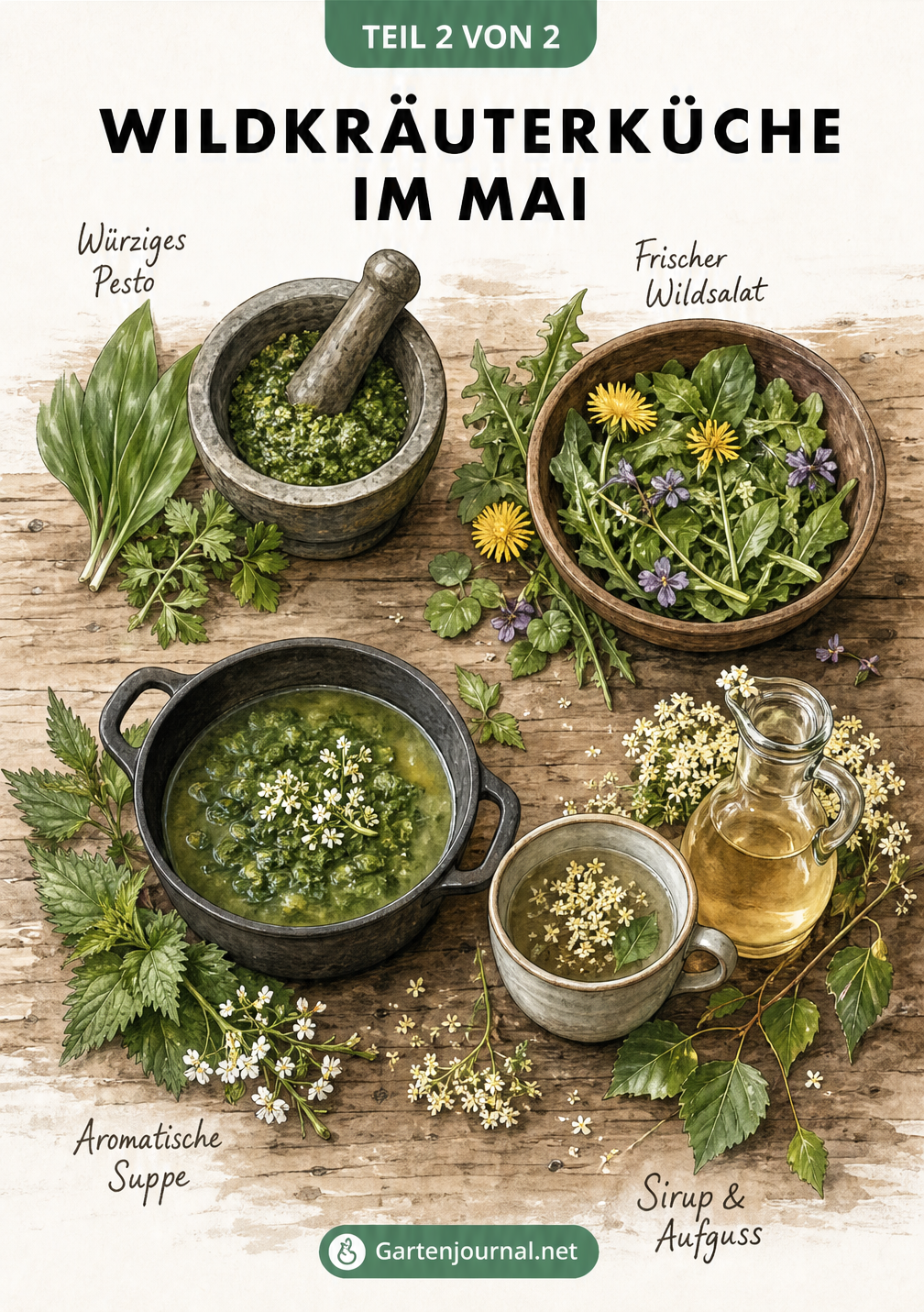 Illustration einer rustikalen Küchenarbeitsfläche mit Mörser, Holzschüssel, Topf und Teetasse sowie frischen Wildkräutern