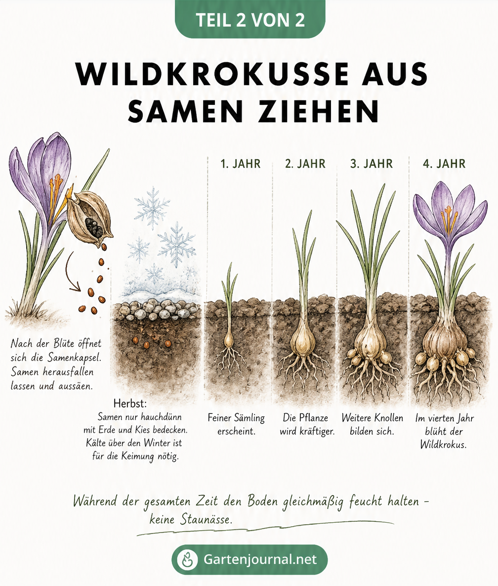 Zeitleiste der Krokus-Samenvermehrung vom Sämling bis zur Blüte im vierten Jahr