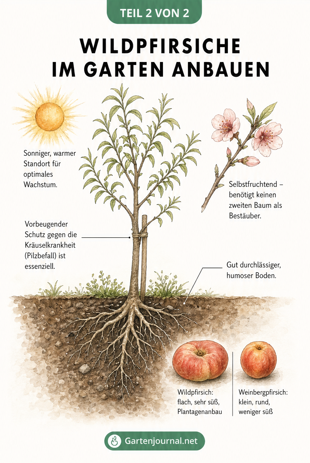 Querschnitt-Illustration eines jungen Pfirsichbaums im Garten mit Hinweisen zu Standort, Boden und Pflege