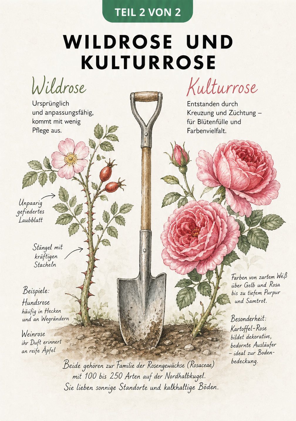 Botanische Skizze einer Wildrose und einer Kulturrose im Vergleich
