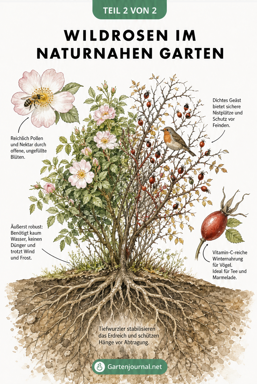 Illustration eines Wildrosenstrauchs im Jahresverlauf mit Blüten im Sommer und Hagebutten im Winter