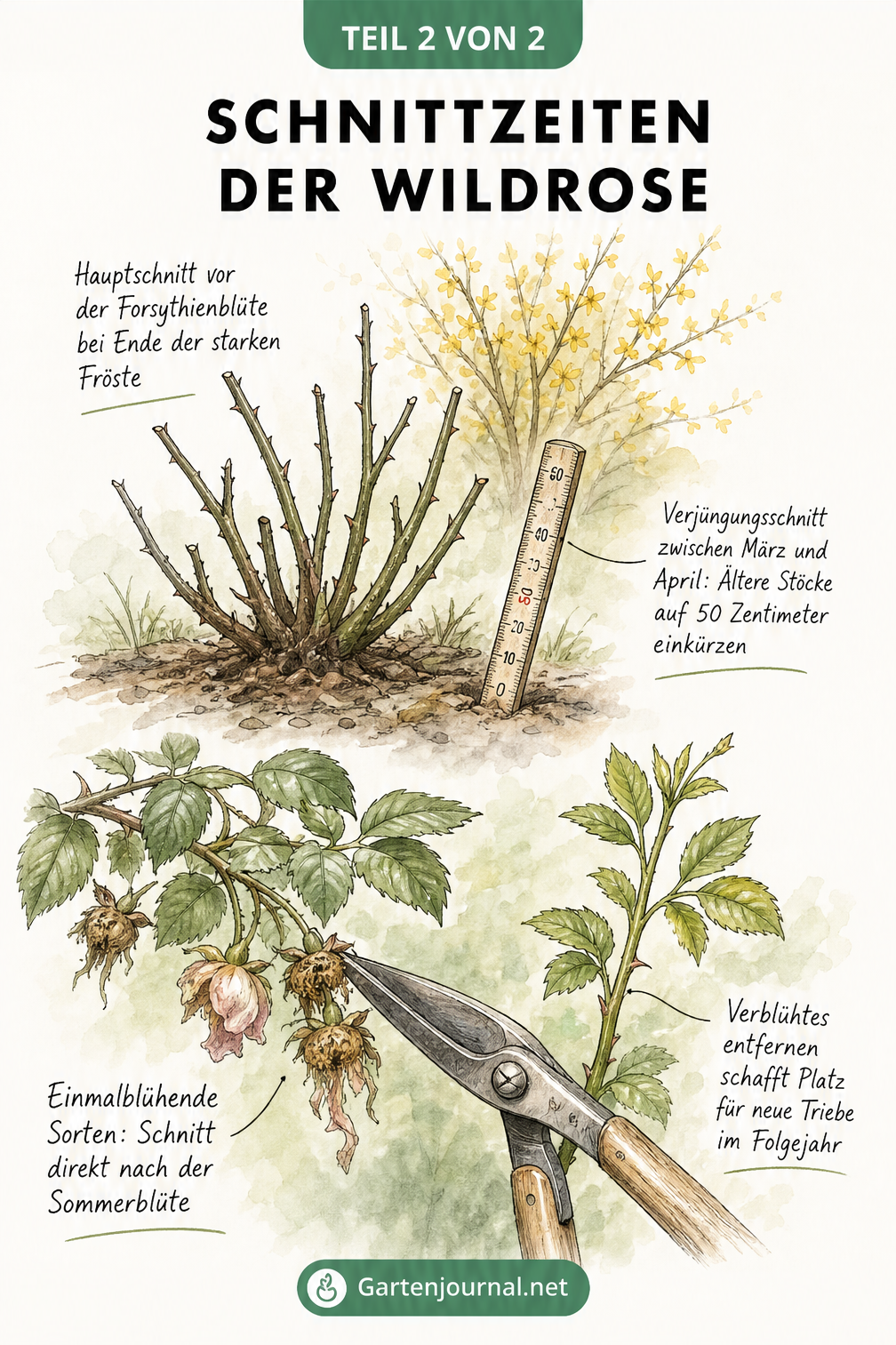 Illustration der Schnittzeiten für Wildrosen im Frühjahr und Sommer