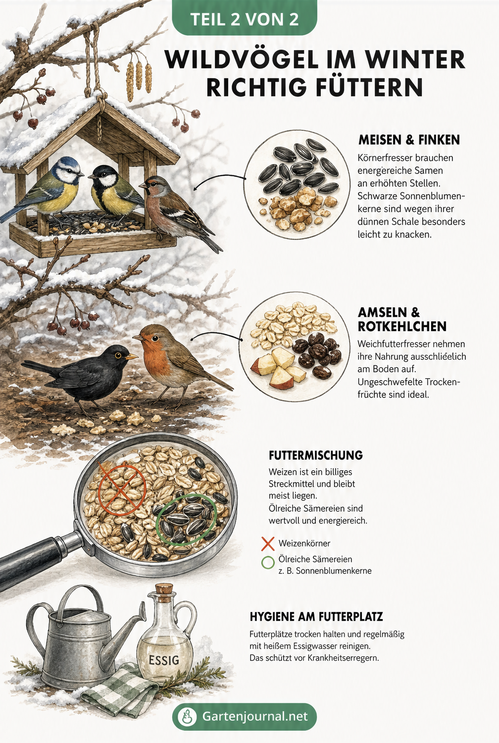 Illustration eines verschneiten Strauchs mit Meisen am Futterhaus und Amseln auf dem Boden sowie Hinweisen zu geeignetem Vogelfutter
