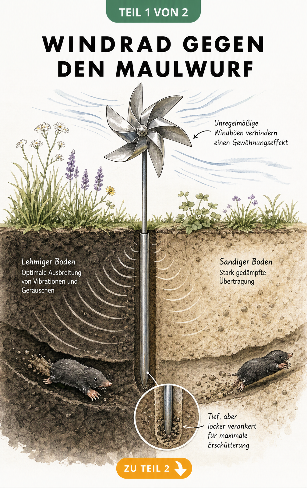 Querschnitt durch ein Gartenbeet mit Windrad, das Schallwellen in lehmigen und sandigen Boden überträgt, um einen Maulwurf zu vertreiben