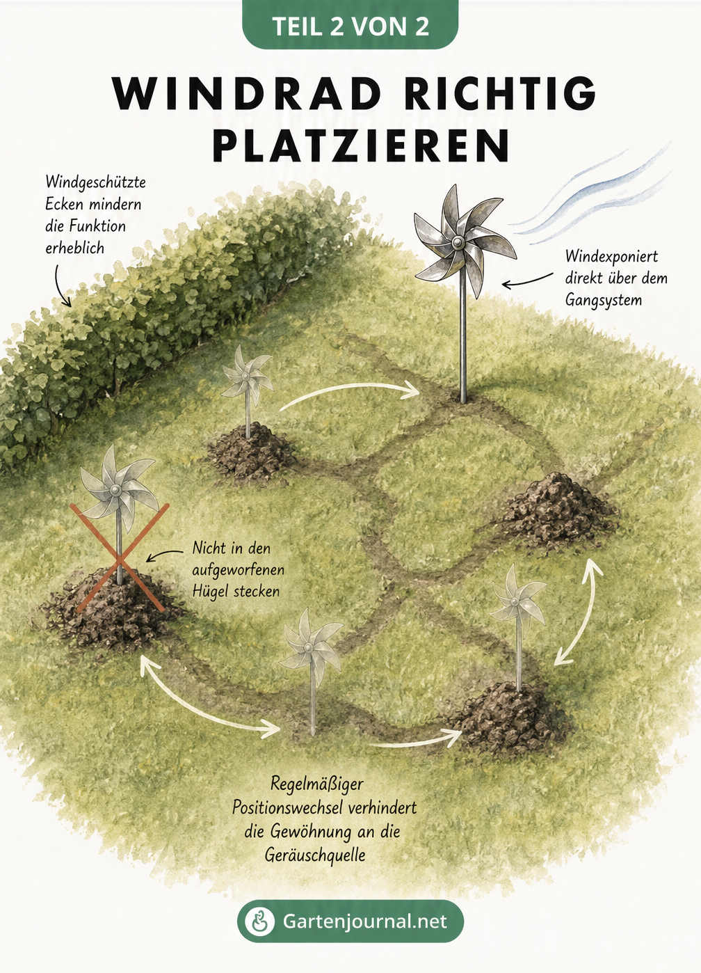 Isometrische Gartenansicht, die die korrekte Platzierung eines Windrads über dem Maulwurfsgang und nicht im Hügel zeigt