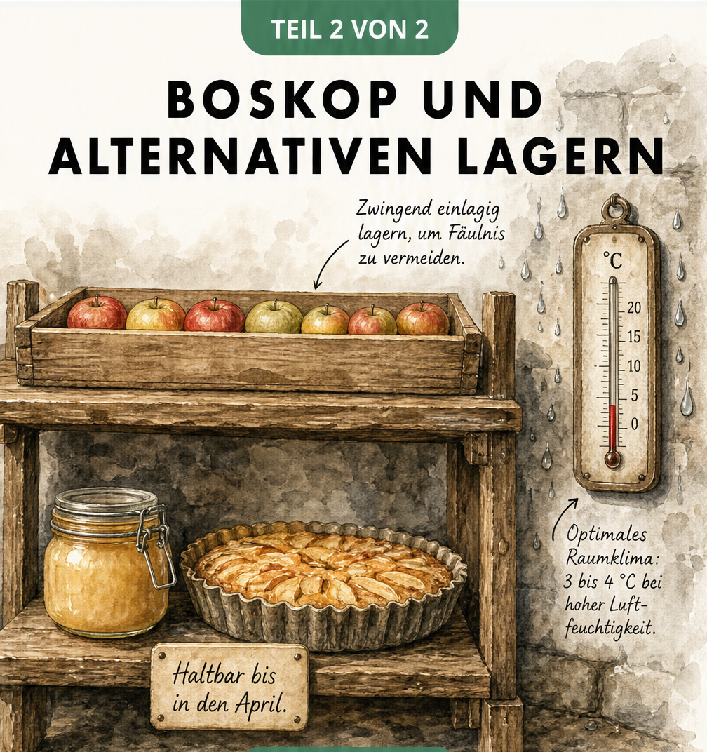 Aquarell-Illustration eines Naturkellers mit einem Holzregal, auf dem Äpfel einlagig in einer Holzkiste bei 3 bis 4 Grad Celsius gelagert werden.