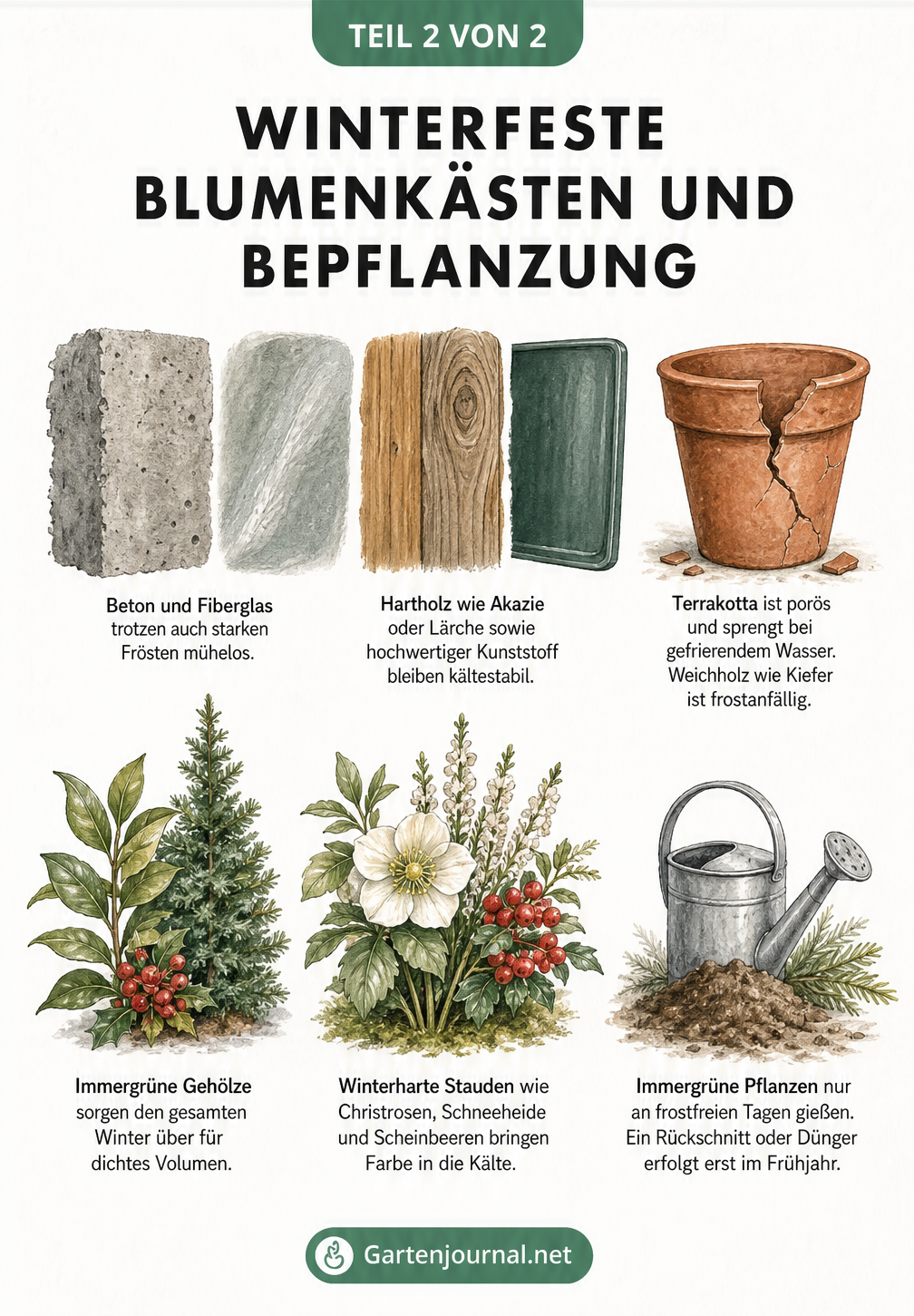 Botanische Illustration von winterfesten Materialien wie Beton und Holz sowie winterharten Pflanzen wie Christrose und Eibe