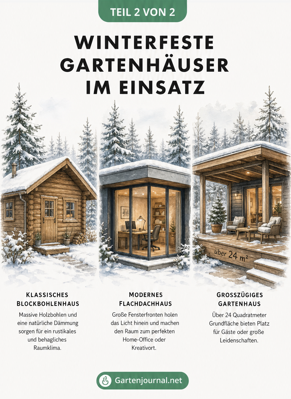 Drei winterfeste Gartenhaus-Modelle im Schnee: Blockbohlenhaus, modernes Flachdachhaus und großes Gästehaus