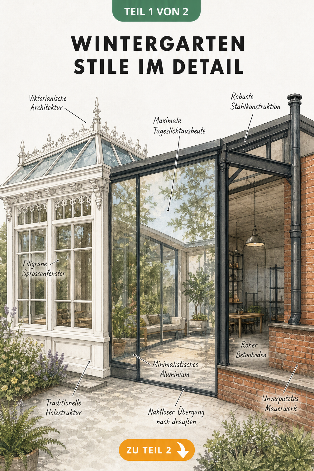 Illustration einer Wintergarten-Fassade, die fließend von klassisch-viktorianisch über modern mit großen Glasflächen bis hin zu Industrial-Design mit Backstein...