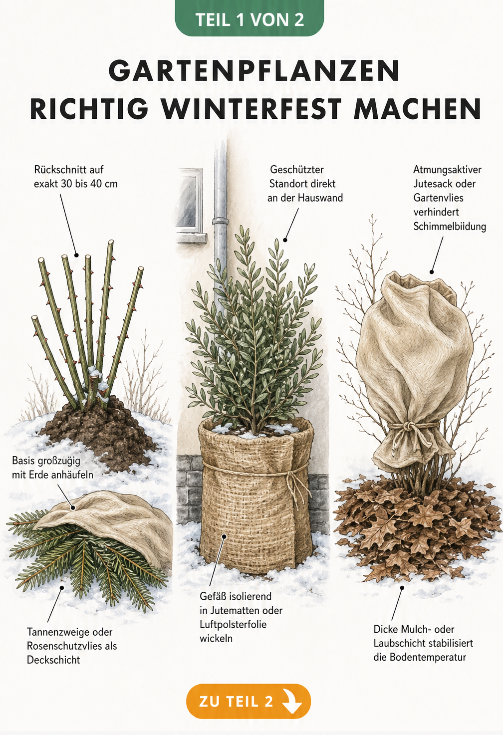 Illustration von Winterblühern und Tieren im Garten, darunter Winterjasmin, Schneeglöckchen und ein Igel im Laubhaufen